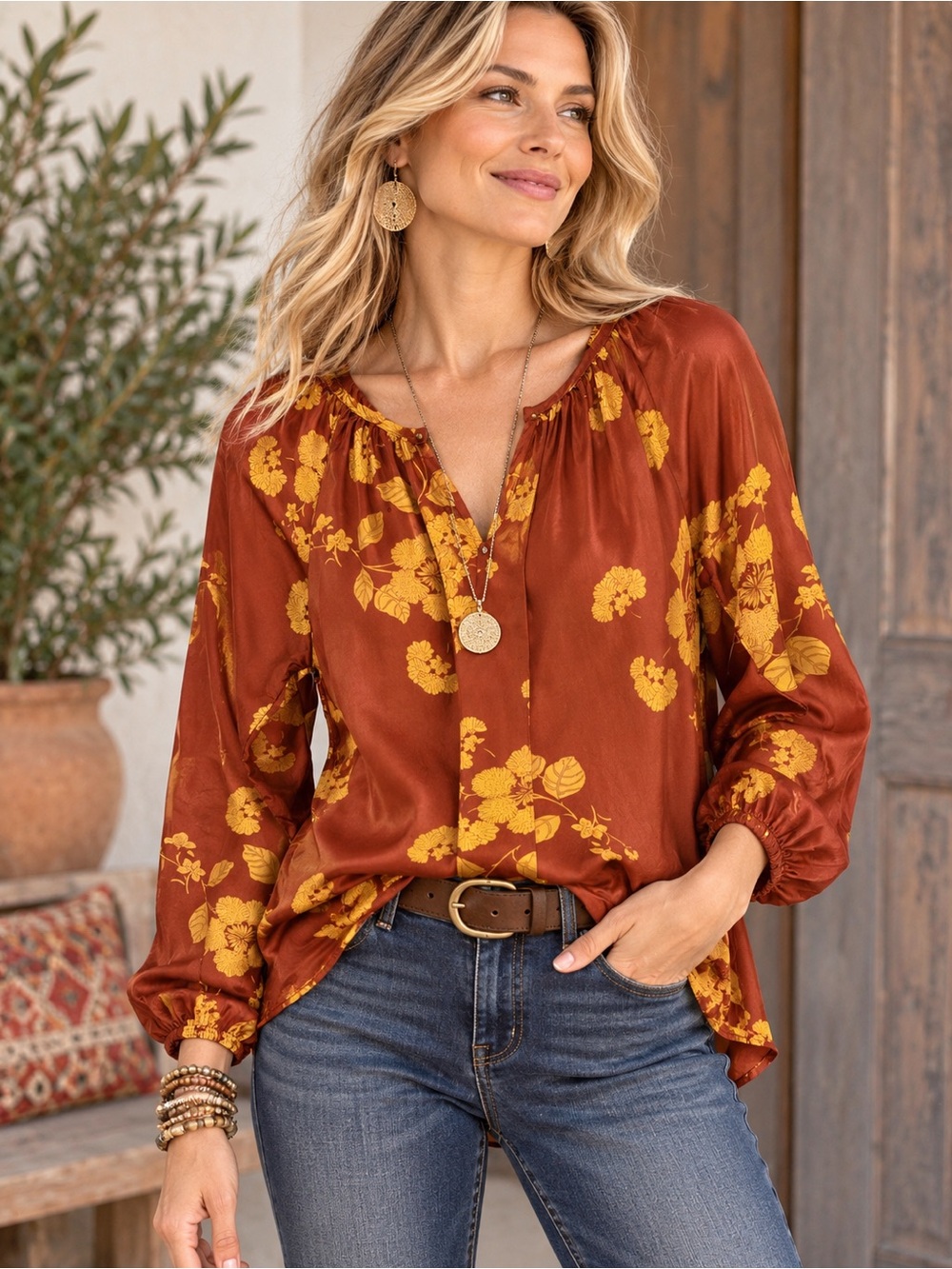 Sundance Pure Silk Rust Floral Blouse Boho Long Sleeve Peasant Top Size Small